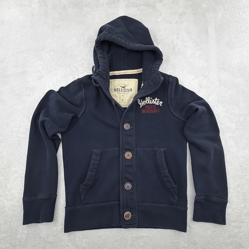 Hollister Y2K Navy Full Button-Up Hooded Sweatshirt Small Distressed Pacific VTG
